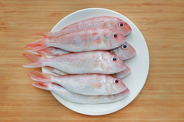 Fresh Ornate threadfin bream on white plate against wooden board background.