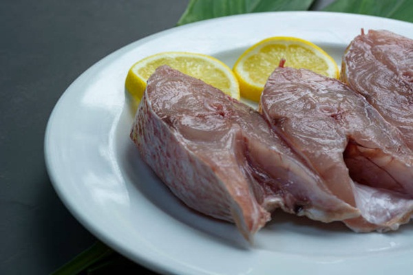 Fillet of fresh raw fish on white plate with green leaf and lemon
